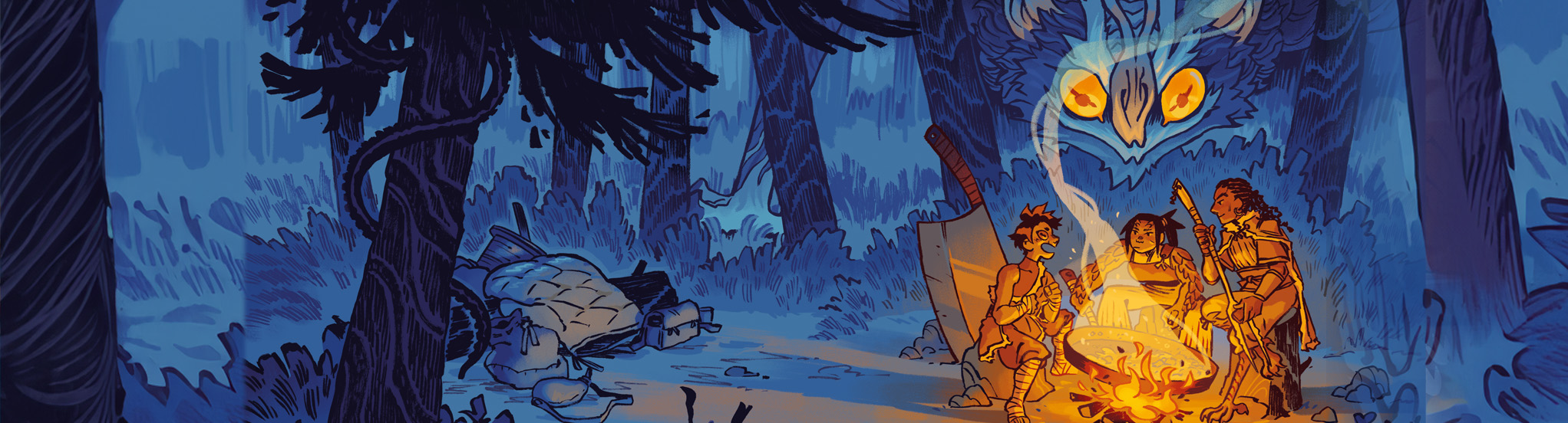 An open fantasy roleplaying book with maps, dice and miniatures